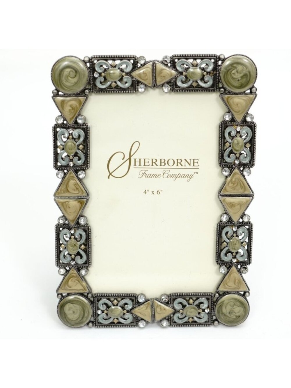 Sherborne Ornate Enamel Frame 4x6 Metal Silver Finish Green Celtic Deco Style